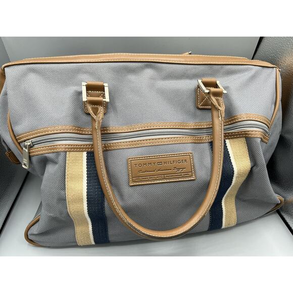 Tommy Hilfiger Canvas Duffel Tote Bag Gray Tan Leather Trim Striped Travel - Picture 1 of 5